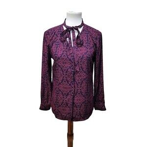 Chico's Women's 0 (S) Paisley Long Sleeve Blouse Navy Red Tie Neck Blouse Button